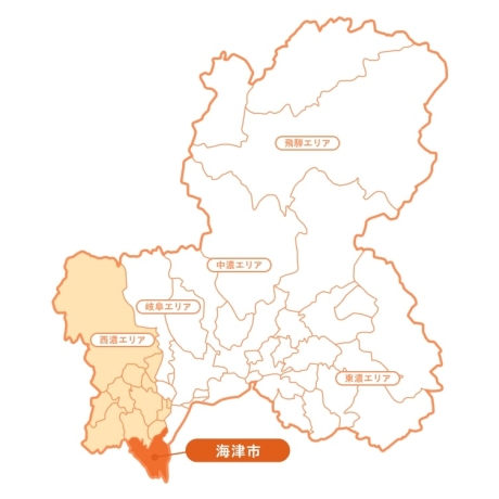 岐阜県の地図。飛騨エリア、中濃エリア、岐阜エリア、西濃エリア、東濃エリアが示されており、西濃エリア内の海津市が強調表示されている。