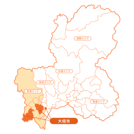 岐阜県の地図。飛騨エリア、中濃エリア、岐阜エリア、西濃エリア、東濃エリアが示されており、西濃エリア内の大垣市が強調表示されている。